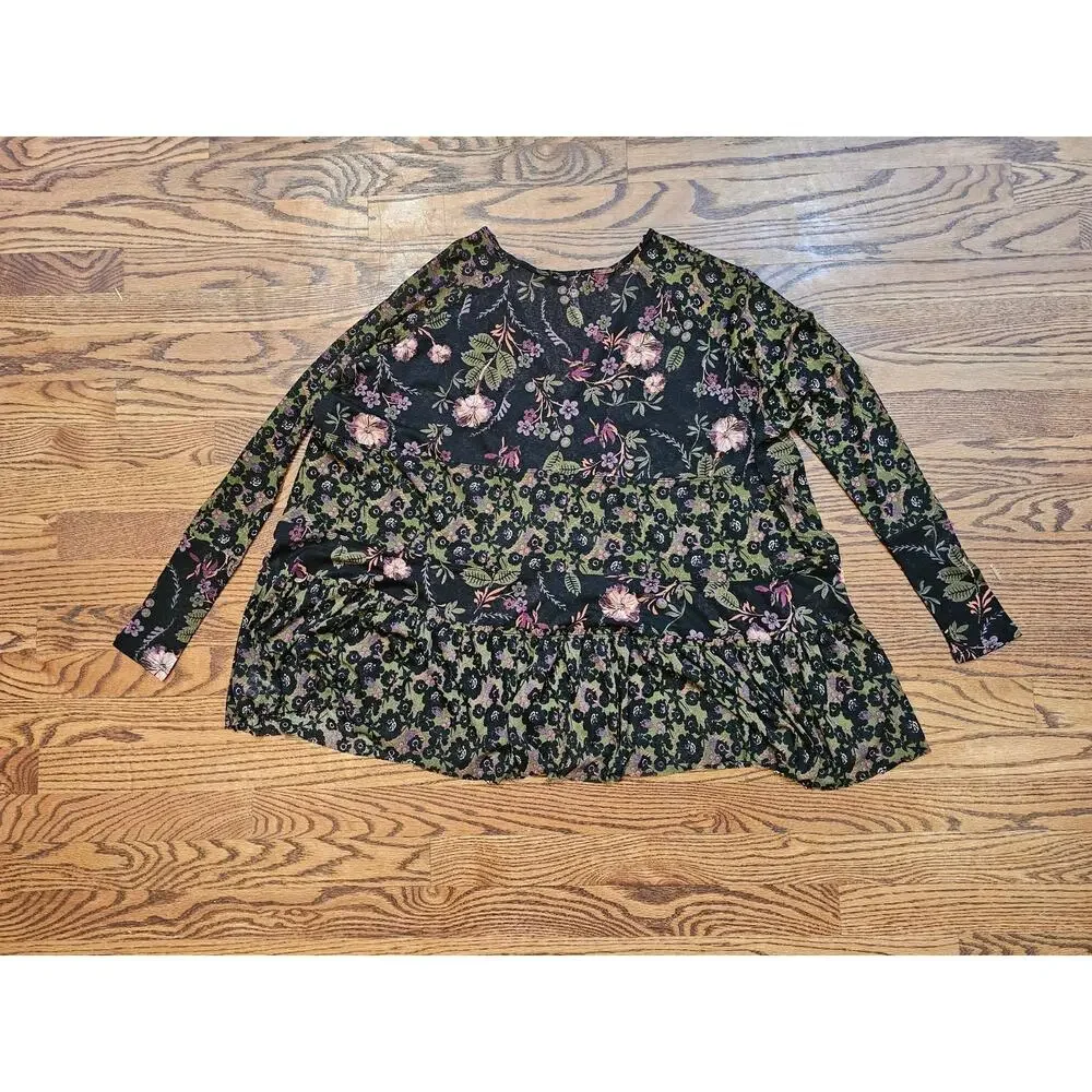 Free People Boho Floral Babydoll Tunic Top Black Pink XS Long Sleeve V Neck - Picture 6 of 6